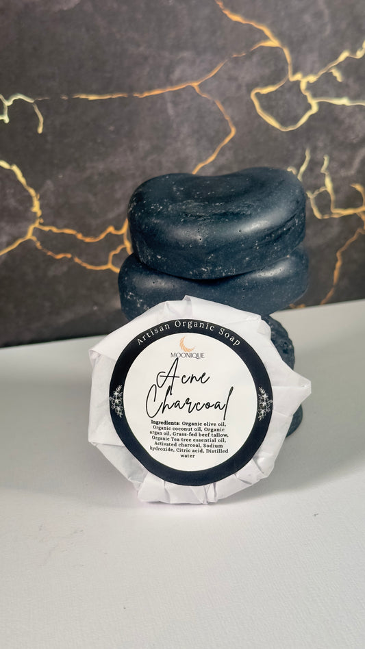 Organic charcoal soap, organic acne  soap, acne charcoal soap, handmade acne soap, artisan acne soap, artisan charcoal soap, natural charcoal soap, palm oil free charcoal soap, chemical free charcoal soap, black charcoal soap, soap with tea tree oil, organic soap with beef tallow, grass-fed beef tallow soap