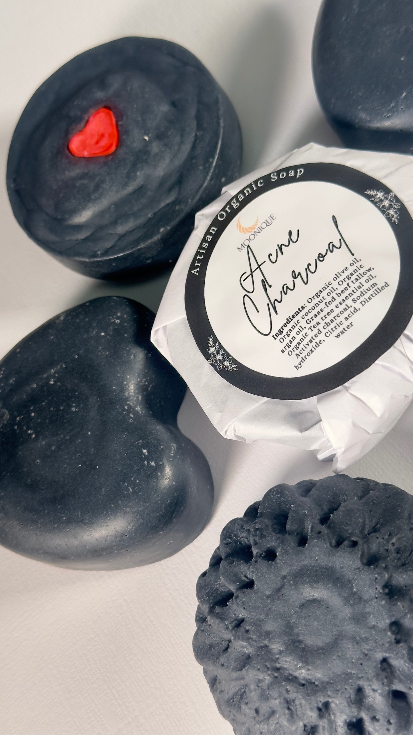 Organic charcoal soap, organic acne soap, acne charcoal soap, handmade acne soap, artisan acne soap, artisan charcoal soap, natural charcoal soap, palm oil free charcoal soap, chemical free charcoal soap, black charcoal soap, soap with tea tree oil, organic soap with beef tallow, grass-fed beef tallow soap