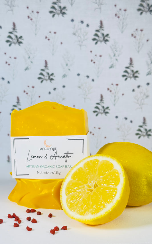 Organic soap, organic lemon smelling soap, artisan lemon soap, natural soap, natural skincare, exfoliating soap, skin-friendly soap, not drying soap, handmade soap, handmade lemon soap, nourishing soap, moisturizing soap, soap with natural essential oils, soap with shea butter, soap with coconut oil, soap with annatto, citrus soap