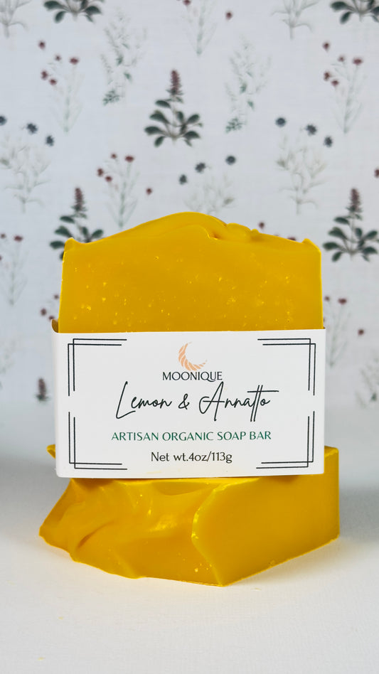 Organic soap, organic lemon smelling soap, artisan lemon soap, natural soap, natural skincare, exfoliating soap, skin-friendly soap, not drying soap, handmade soap, handmade lemon soap, nourishing soap, moisturizing soap, soap with natural essential oils, soap with shea butter, soap with coconut oil, soap with annatto, citrus soap