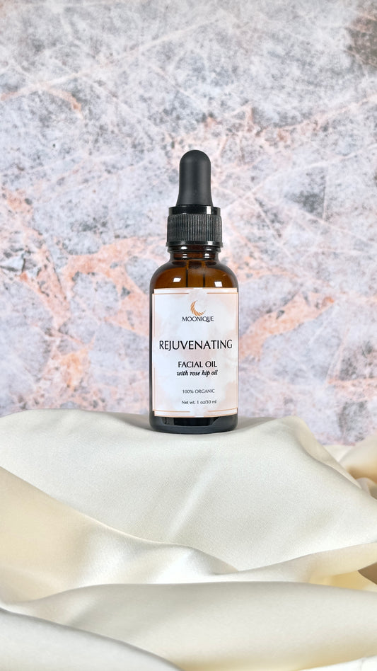 Rejuvenating facial oil, facial oil with rose hip, organic facial oil, best facial oil, facial oil for all skin types, clean ingredients facial oil, chemical free facial oil