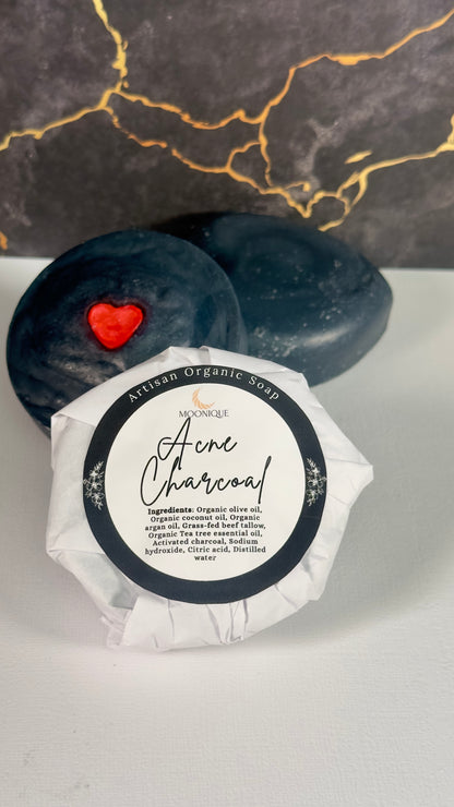 Organic charcoal soap, organic acne  soap, acne charcoal soap, handmade acne soap, artisan acne soap, artisan charcoal soap, natural charcoal soap, palm oil free charcoal soap, chemical free charcoal soap, black charcoal soap, soap with tea tree oil, organic soap with beef tallow, grass-fed beef tallow soap