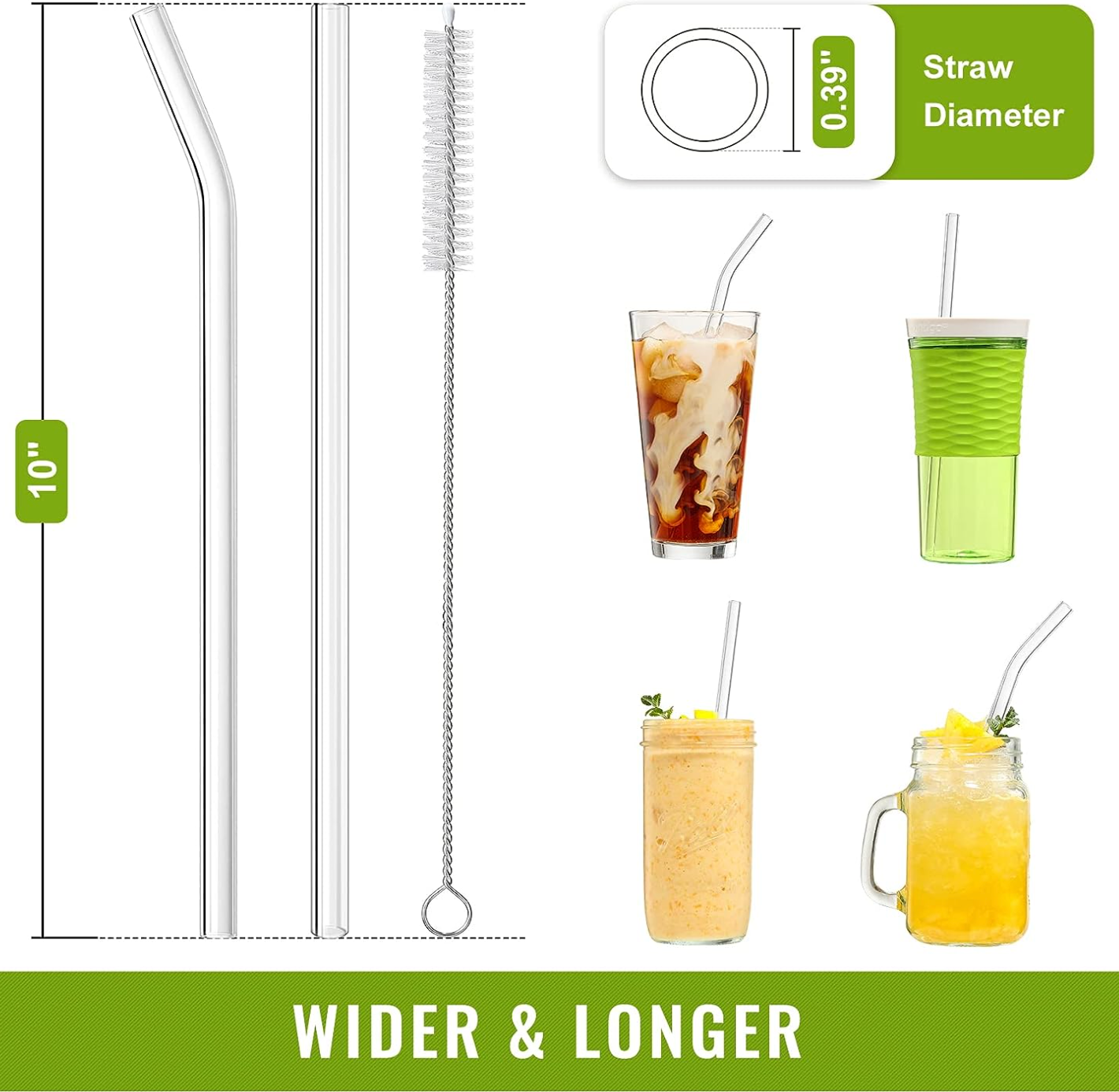 high quality Borosilicate glass straw set with cleaning brushes, straight and curved straws