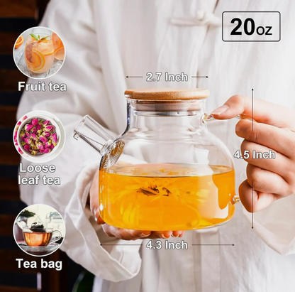 High quality borosilicate glass teapot with strainer, bamboo lid and 20oz capacity,