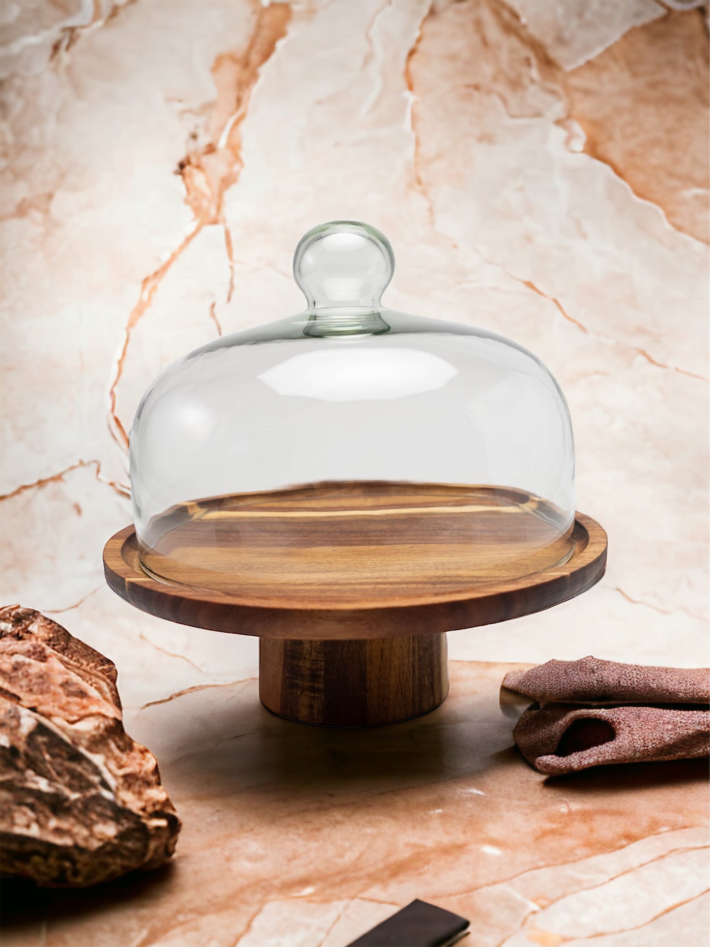 high quality wood cake stand with a glass dome for cakes, pastries, store fronts, display purposes