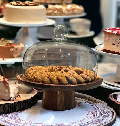 high quality wood cake stand with a glass dome for cakes, pastries, store fronts, display purposes