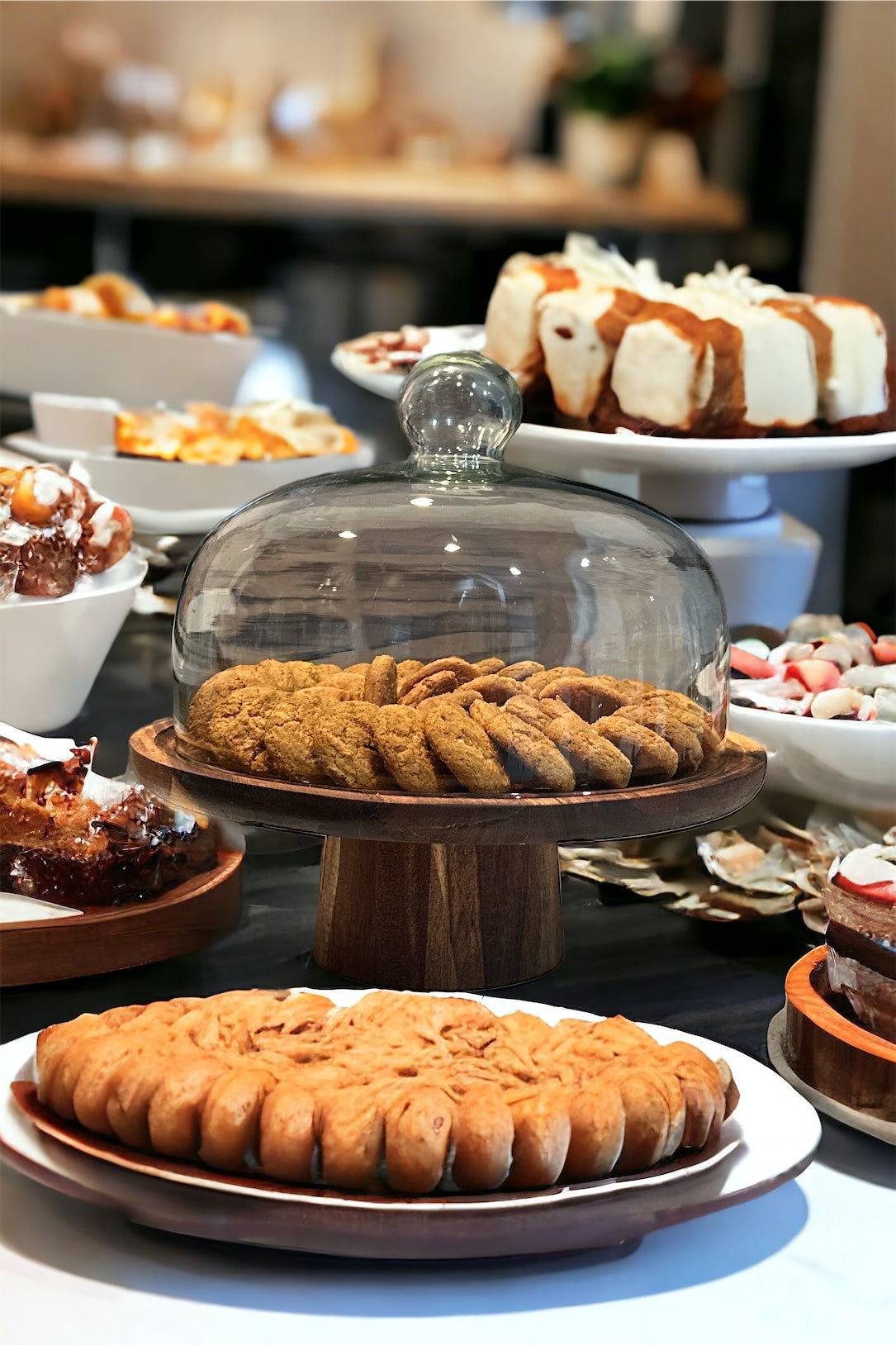 high quality wood cake stand with a glass dome for cakes, pastries, store fronts, display purposes