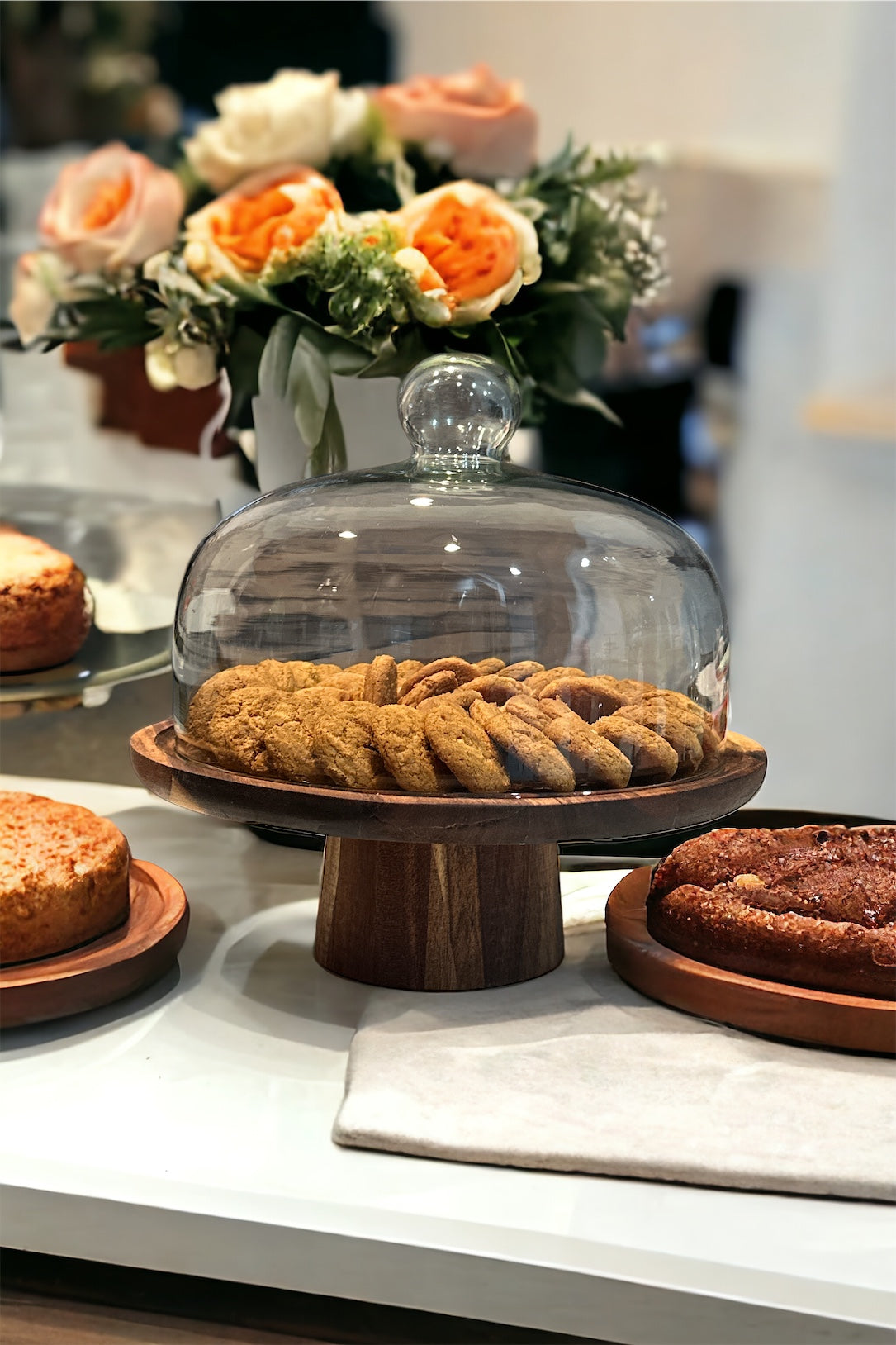 high quality wood cake stand with a glass dome for cakes, pastries, store fronts, display purposes