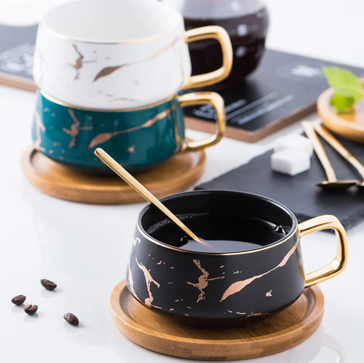 marble design high quality luxurious coffee cup with bamboo saucer and golden spoon set in a gift box