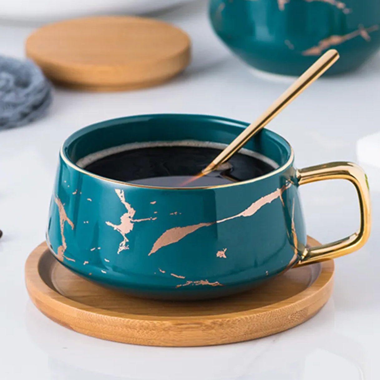 marble design high quality luxurious coffee cup with bamboo saucer and golden spoon set in a gift box