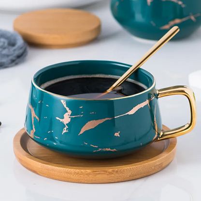 marble design high quality luxurious coffee cup with bamboo saucer and golden spoon set in a gift box