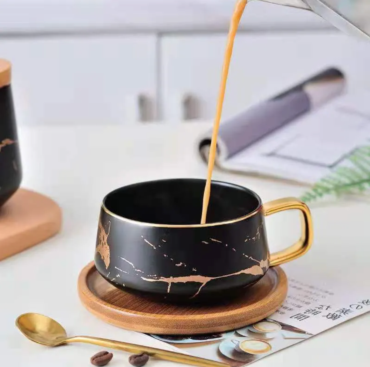 marble design high quality luxurious coffee cup with bamboo saucer and golden spoon set in a gift box