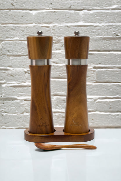 wooden Salt and pepper grinder set with cleaning brush spoon and tray in a gift box