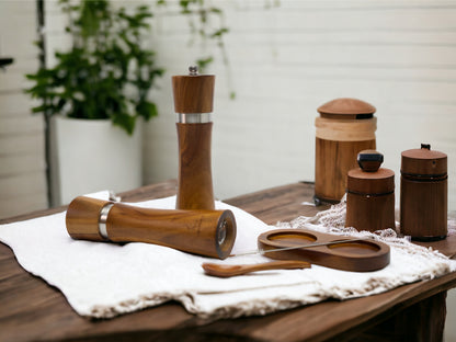 wooden Salt and pepper grinder set with cleaning brush spoon and tray in a gift box