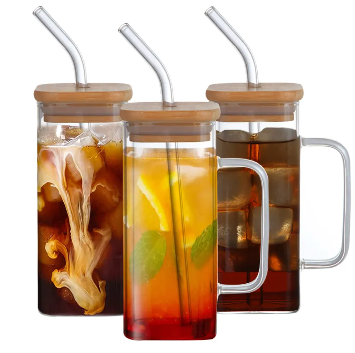 high quality borosilicate drink glass with a glass straw and bamboo lid in different colors